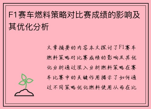 F1赛车燃料策略对比赛成绩的影响及其优化分析 F1赛车燃料策略对比赛成绩的影响及其优化分析