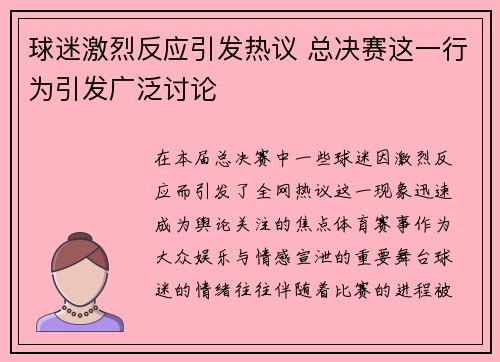 球迷激烈反应引发热议 总决赛这一行为引发广泛讨论