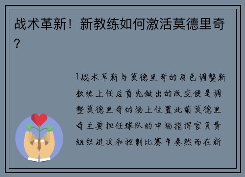 战术革新！新教练如何激活莫德里奇？